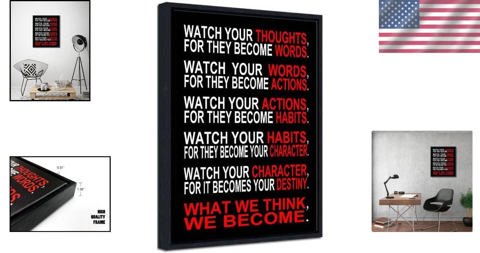 Motivational 'Watch Your Thoughts' Canvas Art - Stylish Black Framed Print 20x24