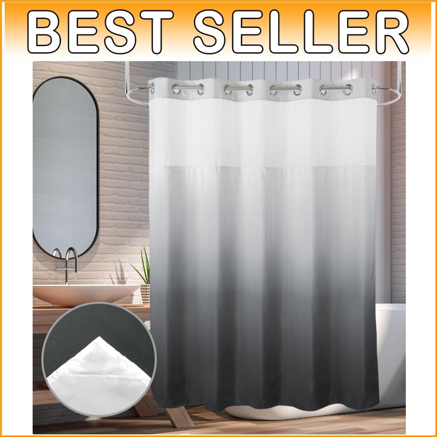 71x74” Heavyweight Gradient Grey Shower Curtain with Liner - Machine Washable