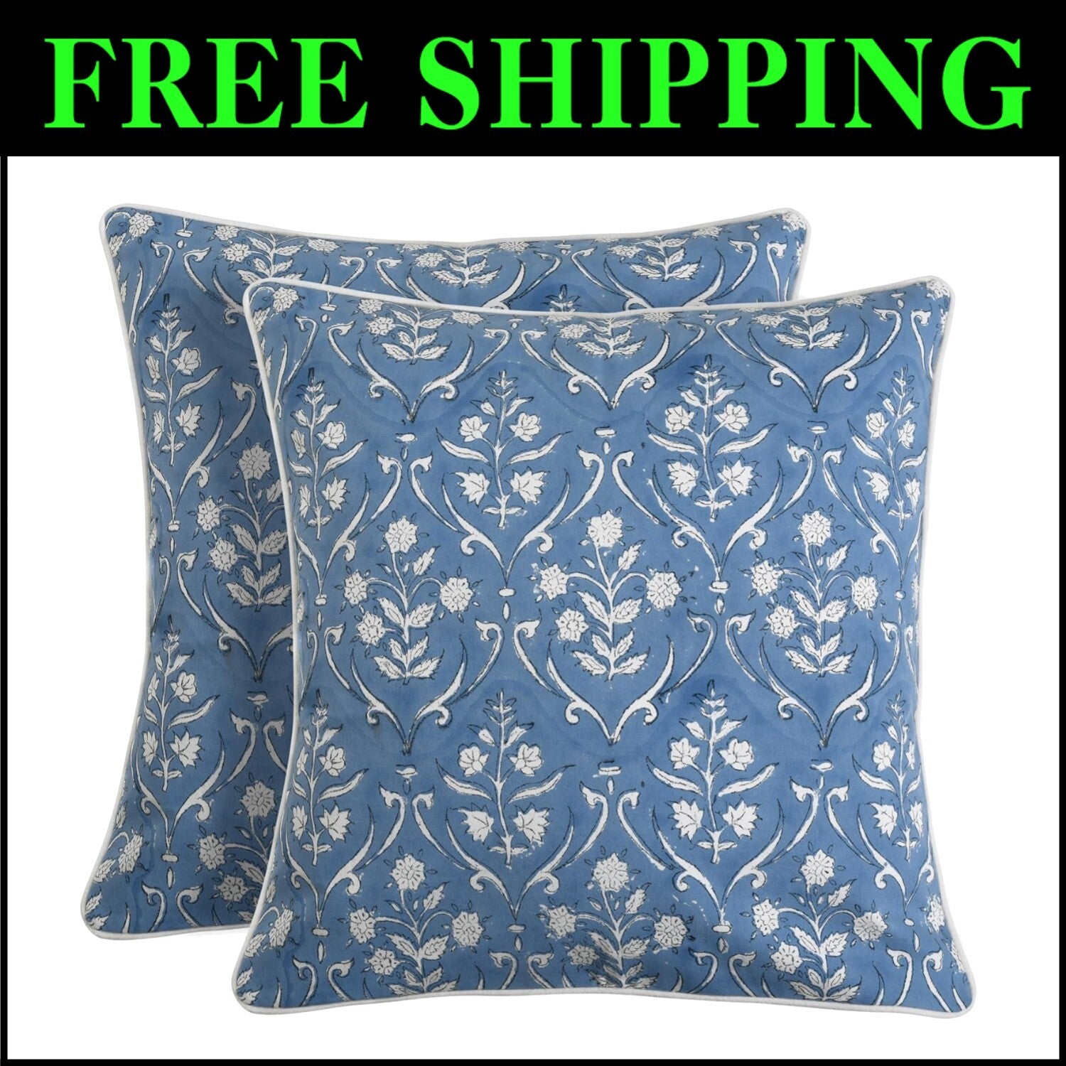 Set of 2 Baby Blue Floral Cotton Throw Pillow Covers for Indoor/Outdoor Elegance