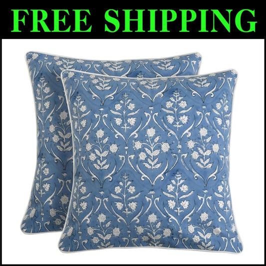 Set of 2 Baby Blue Floral Cotton Throw Pillow Covers for Indoor/Outdoor Elegance