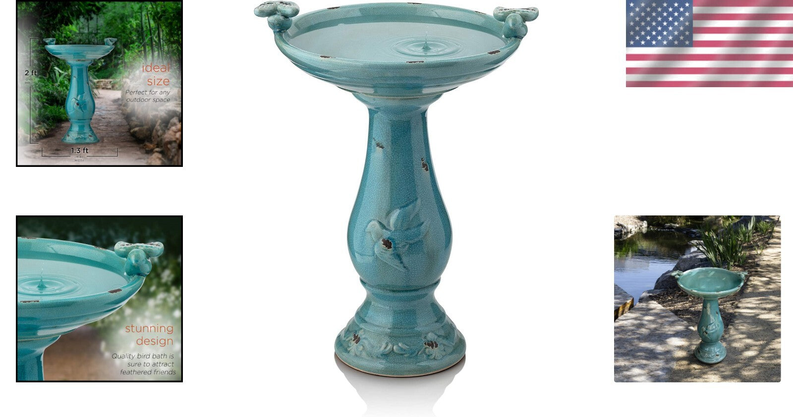 Antique Turquoise Ceramic Birdbath with Pedestal & 2 Bird Figurines - 25" Tall