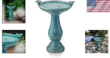 Load image into Gallery viewer, Antique Turquoise Ceramic Birdbath with Pedestal &amp; 2 Bird Figurines - 25" Tall