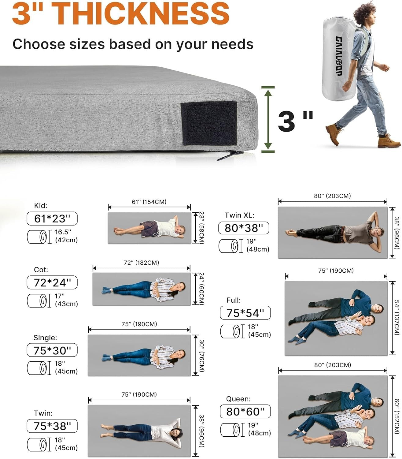 3-Inch Thick Memory Foam Camping Mattress - Portable & Washable for Guests