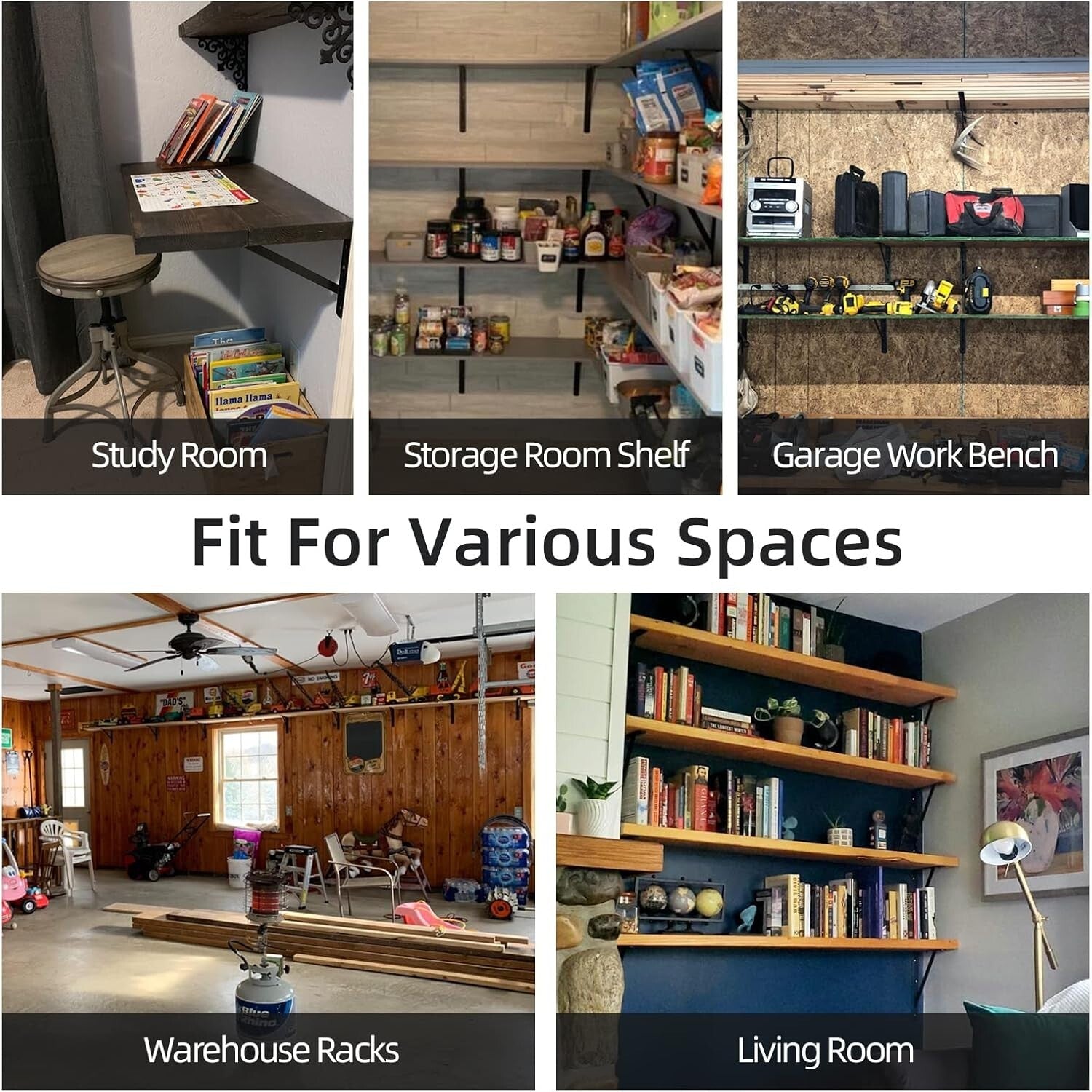 Durable Black Steel Shelf Brackets, 10-Pack 12" x 8" Heavy Duty 600 lb Support