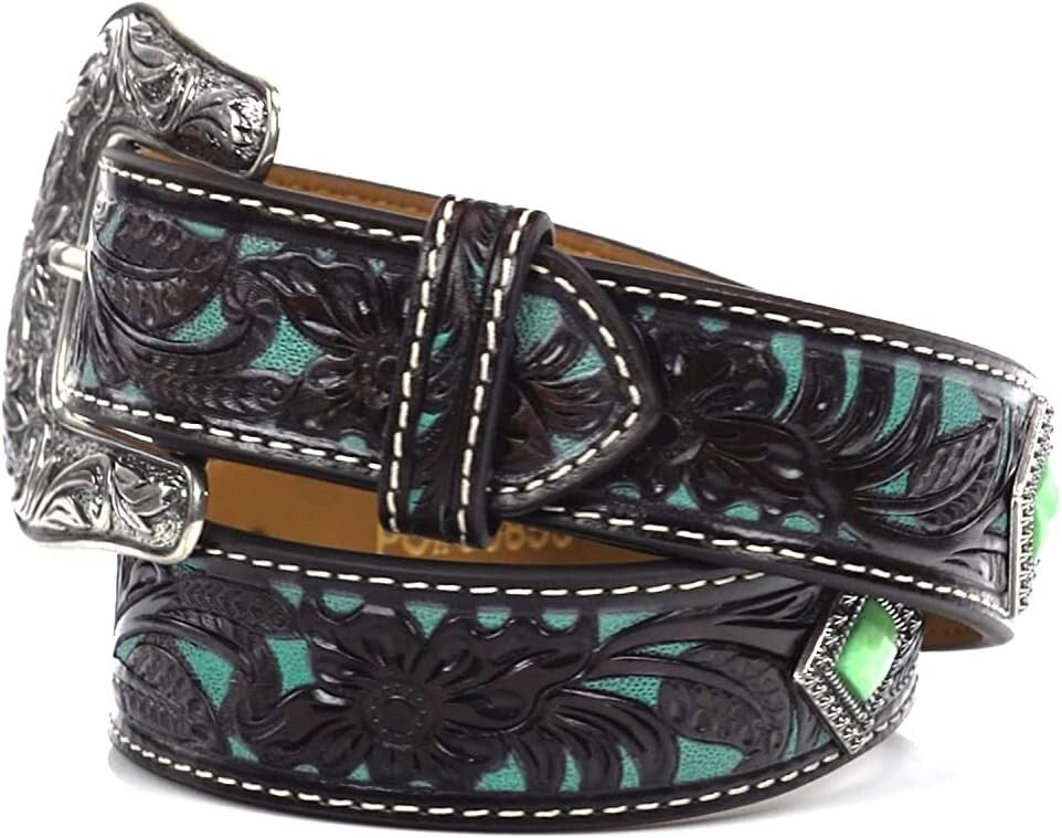 Comfortable Fit Girls' Leather Belt with Diamond Turquoise Conchos - Sizes 18-28