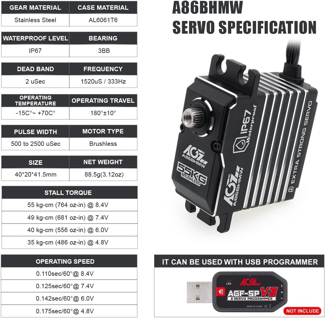 55KG High Torque Programmable Waterproof Brushless RC Servo Motor for 1/10 Cars