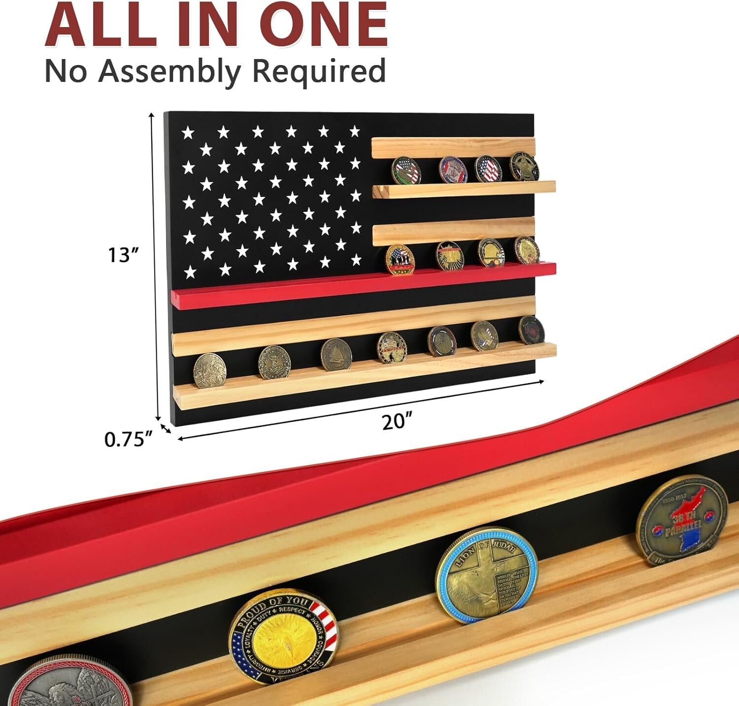 Elegant Thin Red Line Coin Holder - Solid Wood Display for 30 Challenge Coins