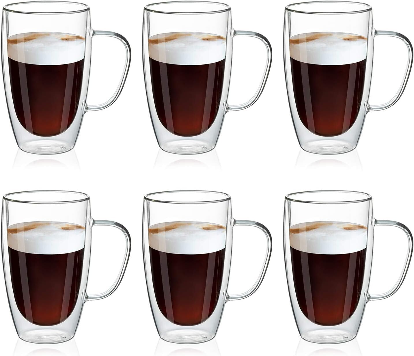 Durable Borosilicate Glass Coffee Mugs - 16oz Double Layer Insulation, 6 Pack