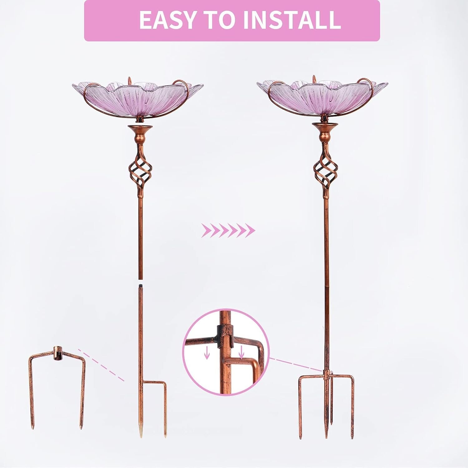 Charming 31-Inch Pink Glass Birdbath with Stake - A Delight for Birds and Homes