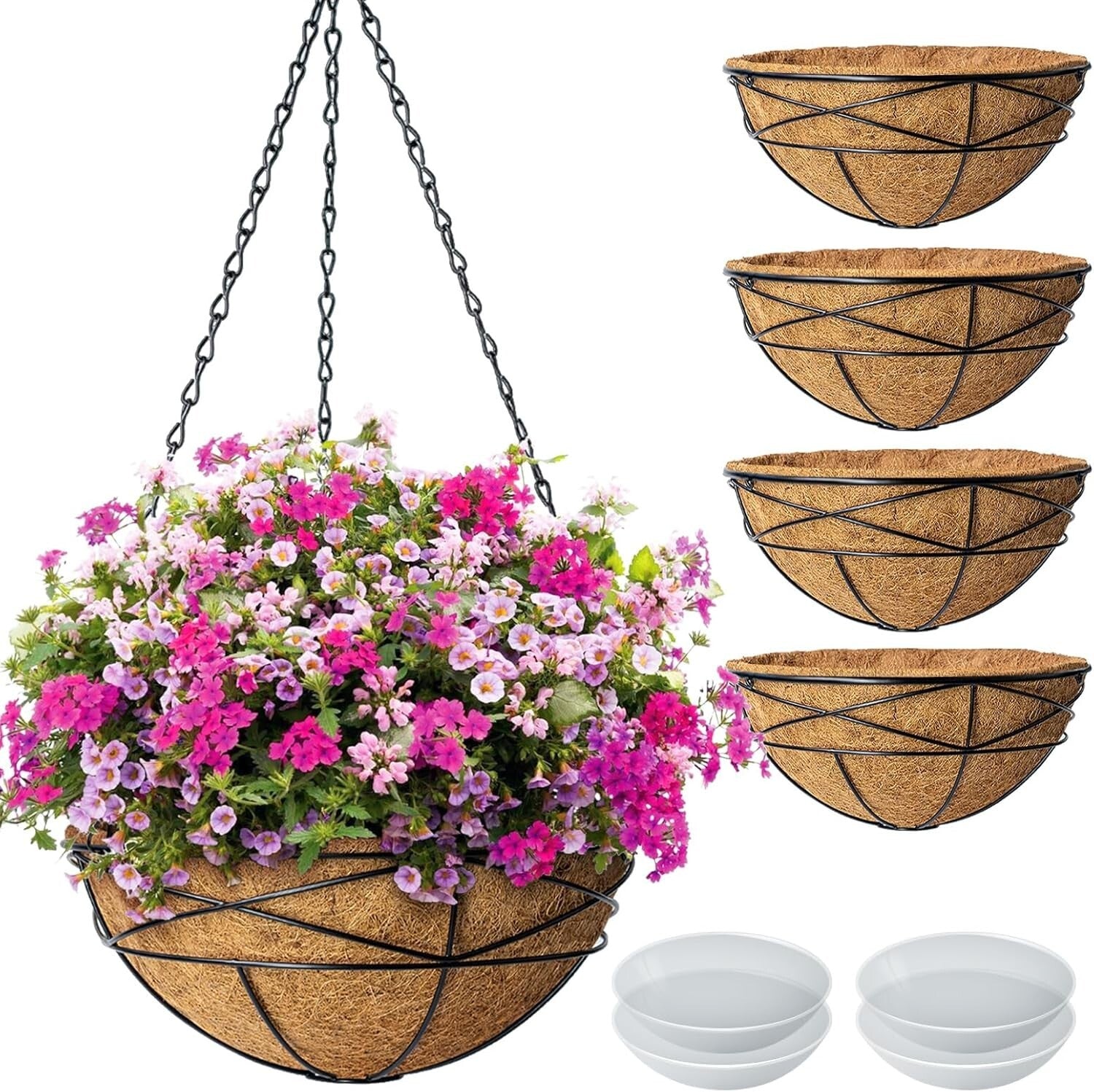 Elegant 4 Pack 14 Inch Hanging Flower Baskets with Coco Liner for Outdoor Plants