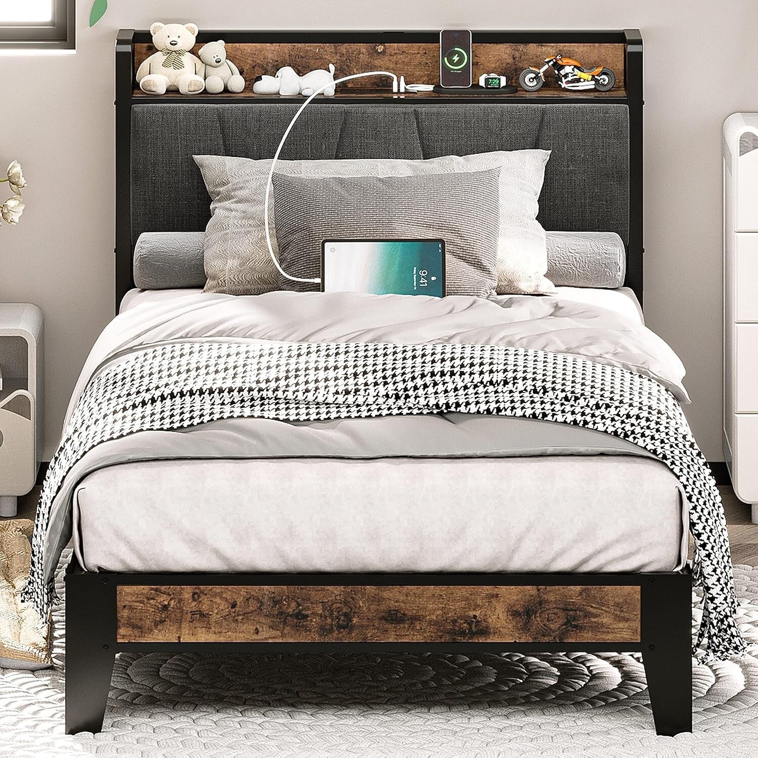 Noise-Free Twin Bed Frame with USB Charging Headboard - Perfect for Small Spaces