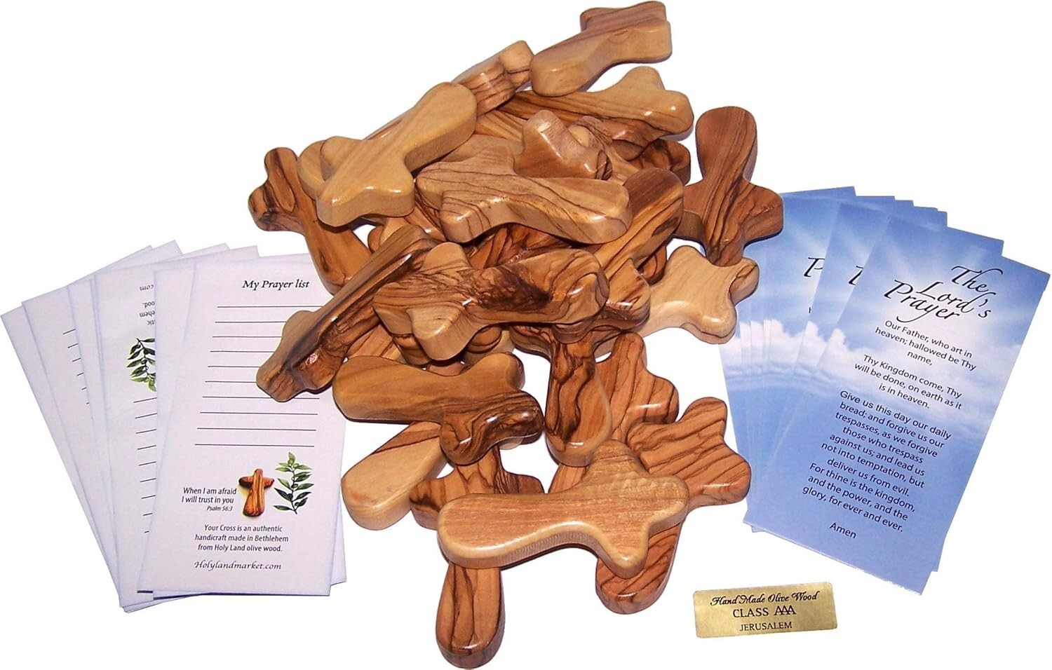 2.5 Inch Olive Wood Crosses with Certificates & Lord Prayer Cards - 25 Pack