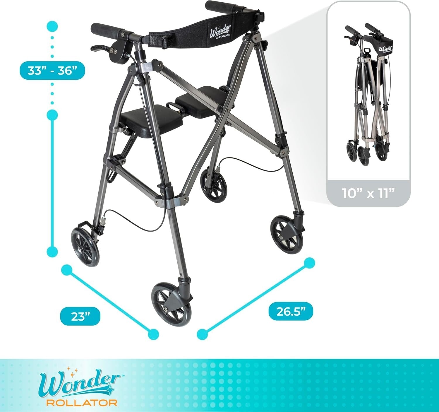 EZ Fold-N-Go Rollator: 14.5 lbs Folding Walker with Locking Brakes, Black Walnut