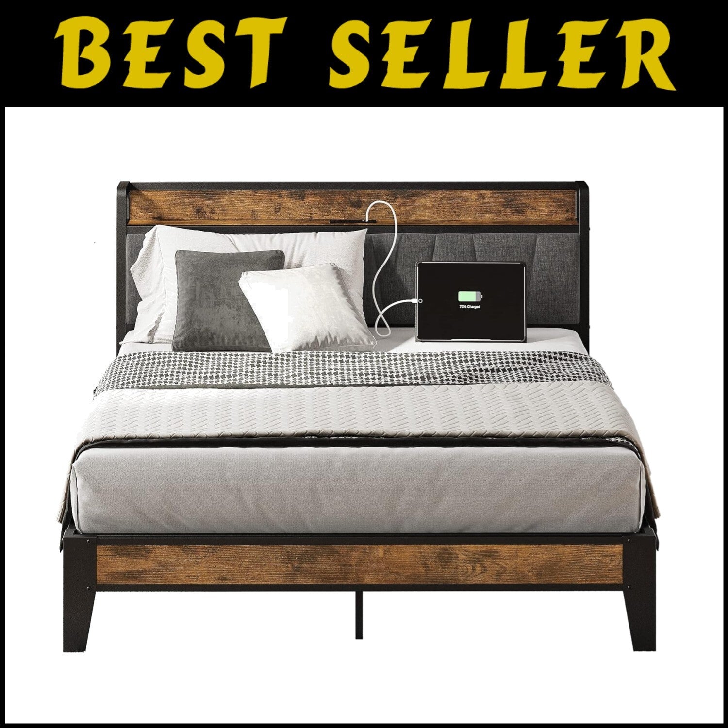 Durable Full Bed Frame with Noise-Free Storage Headboard & USB Charging Ports