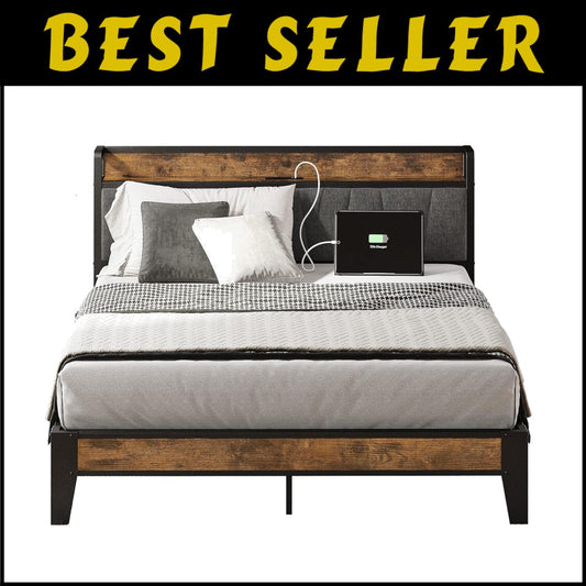 Durable Full Bed Frame with Noise-Free Storage Headboard & USB Charging Ports