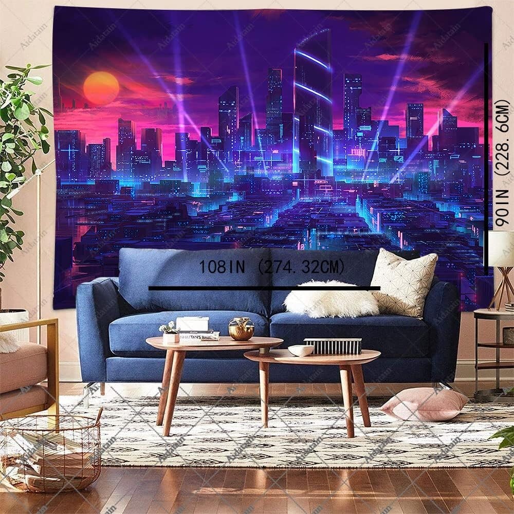 Customizable Large 108x90 In Neon Cityscape Tapestry for Bedroom & Living Room