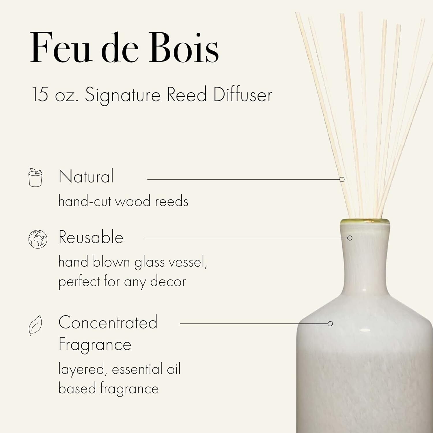 15 oz Reed Diffuser - Feu de Bois Scent in Reusable Glass Vessel, 9 Months