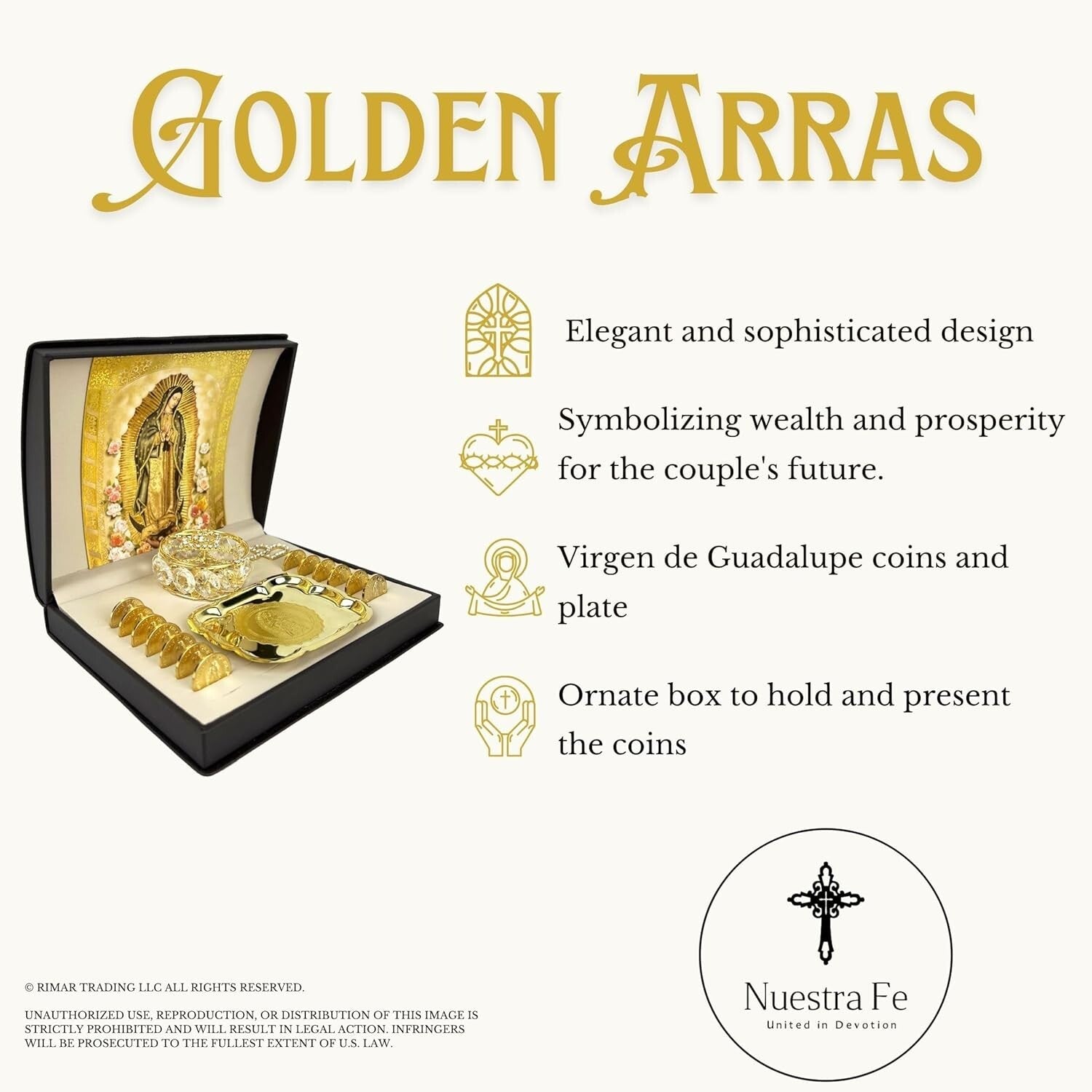 Gold Catholic Wedding Arras Set with Virgen de Guadalupe in Deluxe Gift Box