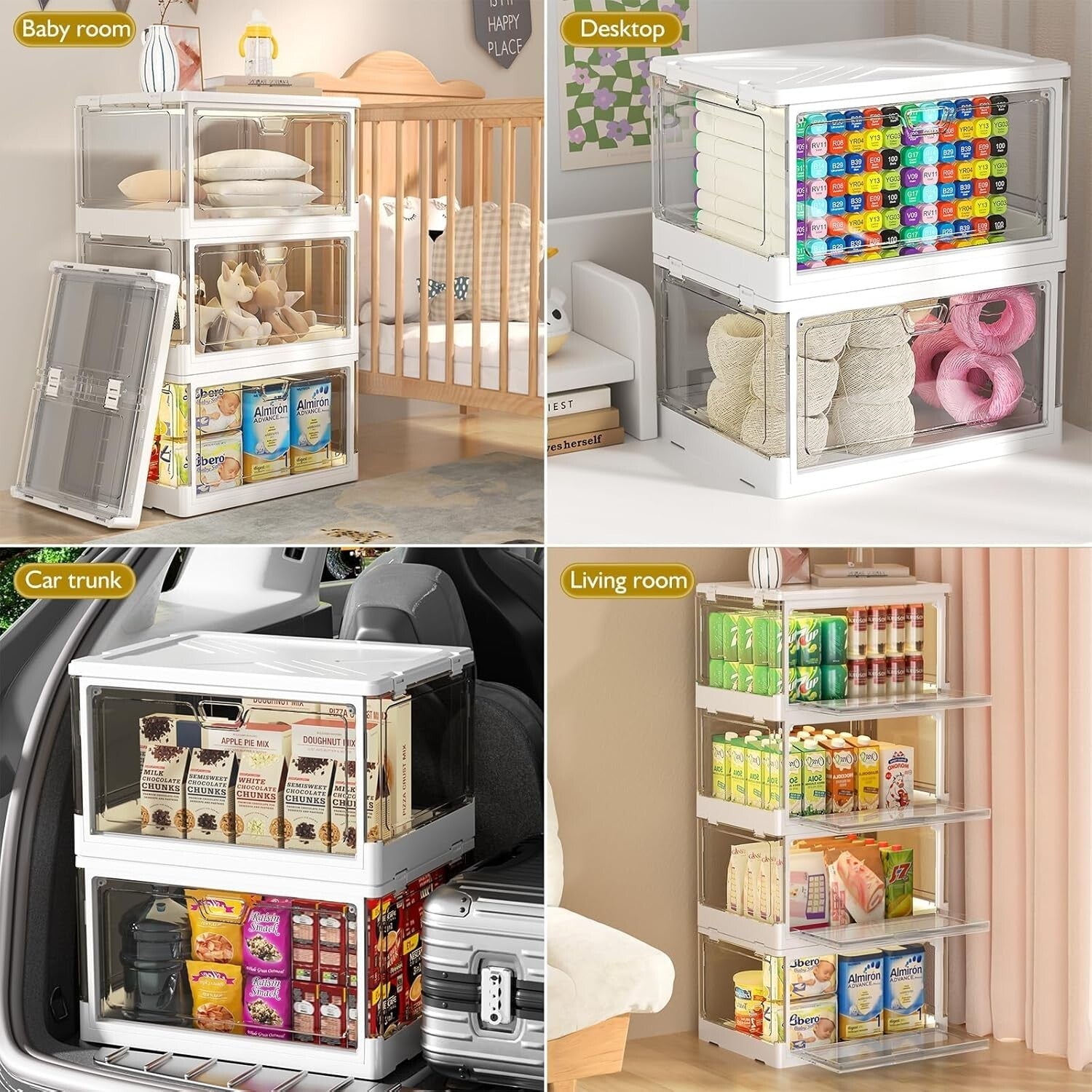 Effortless Folding Storage Bins with Dual Opening Mechanisms - White 3 Set