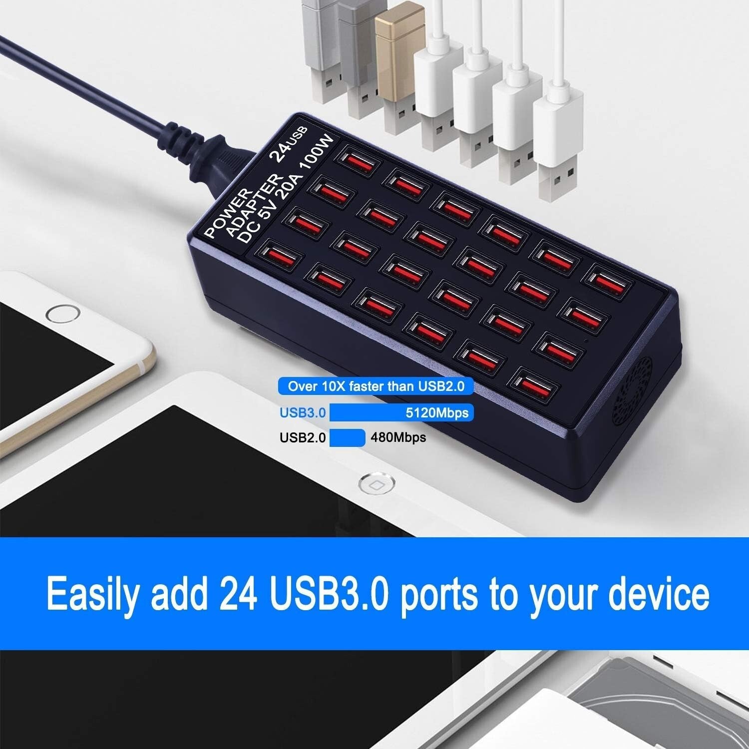 Portable 24-Port USB Fast Charging Station - Safe and Efficient for Travel