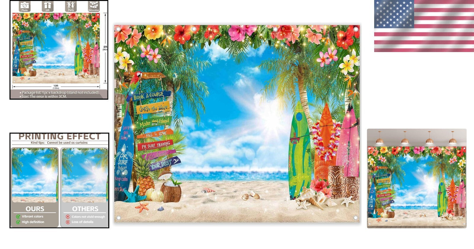 10x8ft Hawaiian Beach Backdrop with Palm Leaves & Surfboard for Aloha Parties