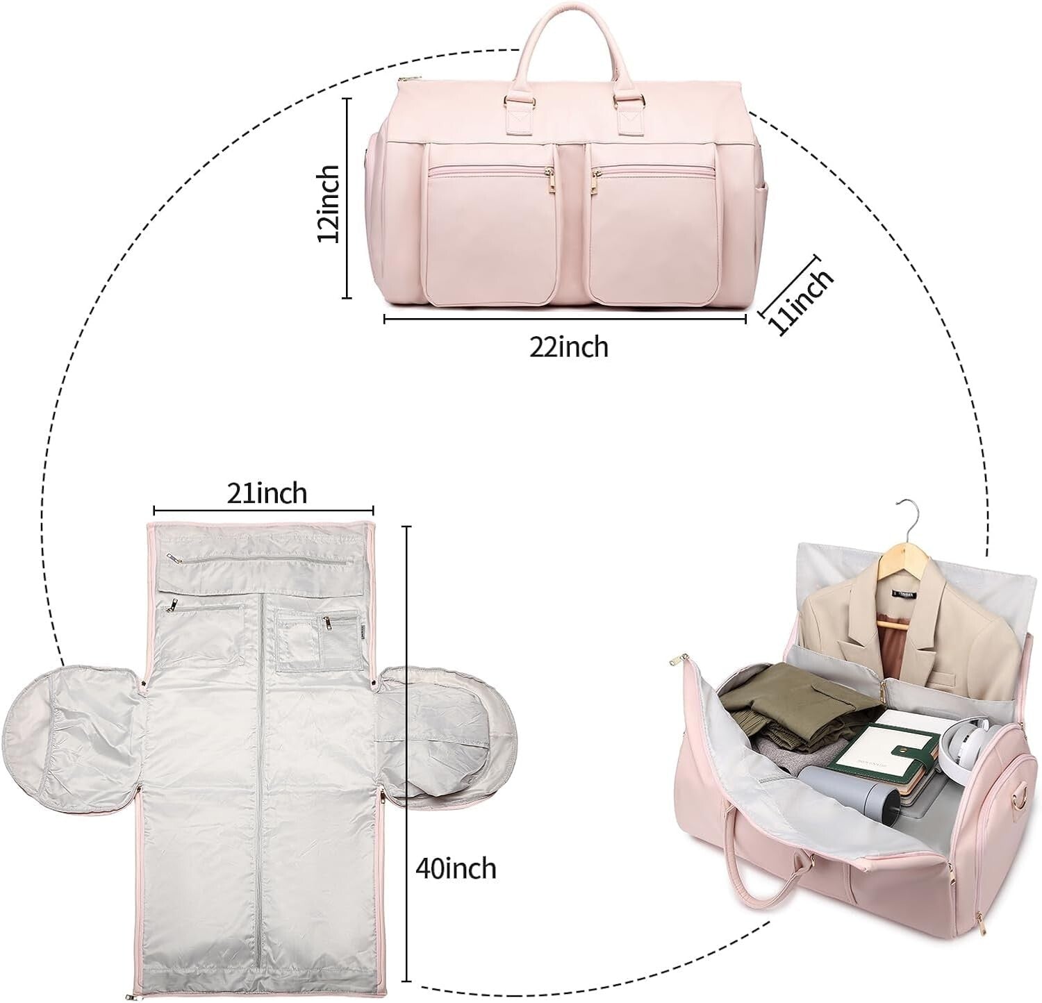 Extra Large Capacity Rolling Garment Bag - Pink Travel Duffle with Shoe Pocket