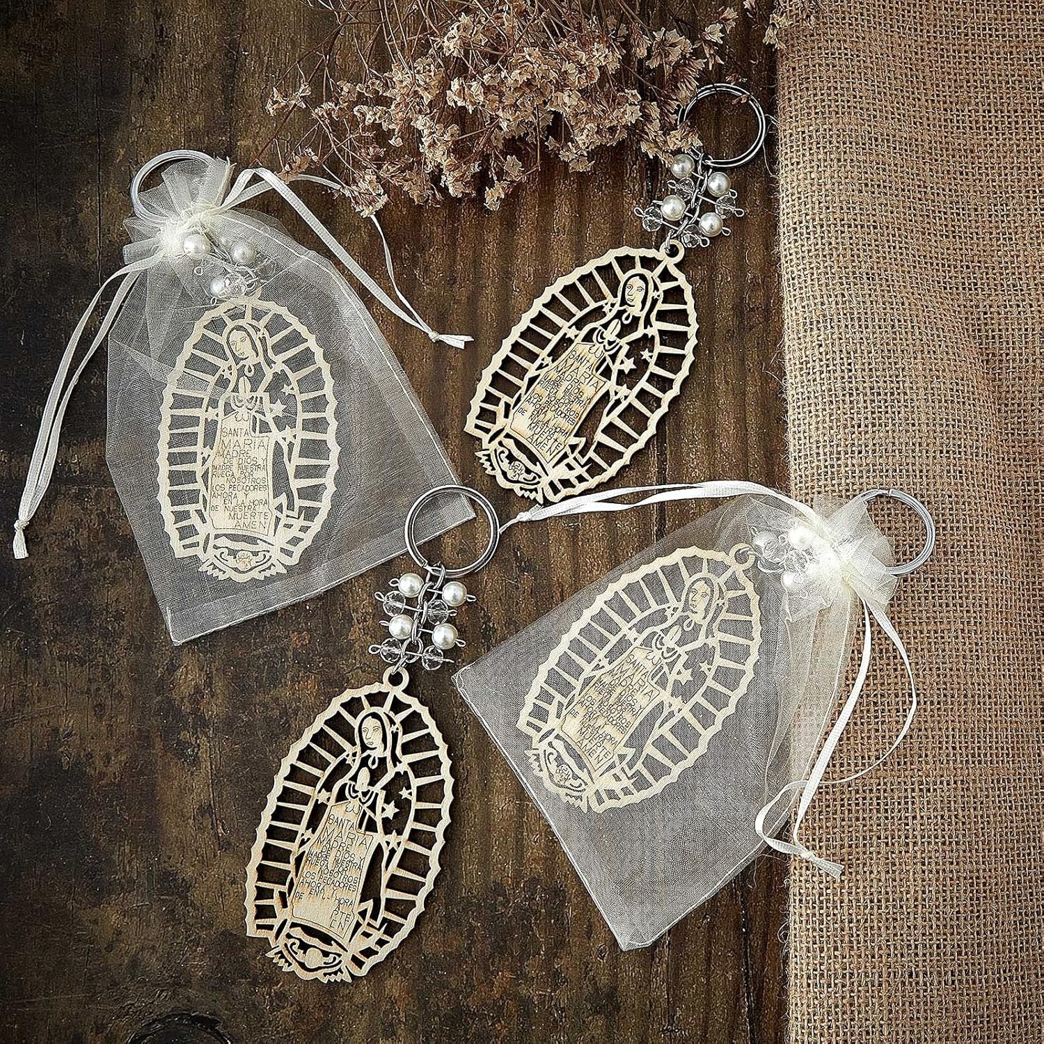 Set of 50 Our Lady of Guadalupe Wood Keychains in Organza Bags for Baptism