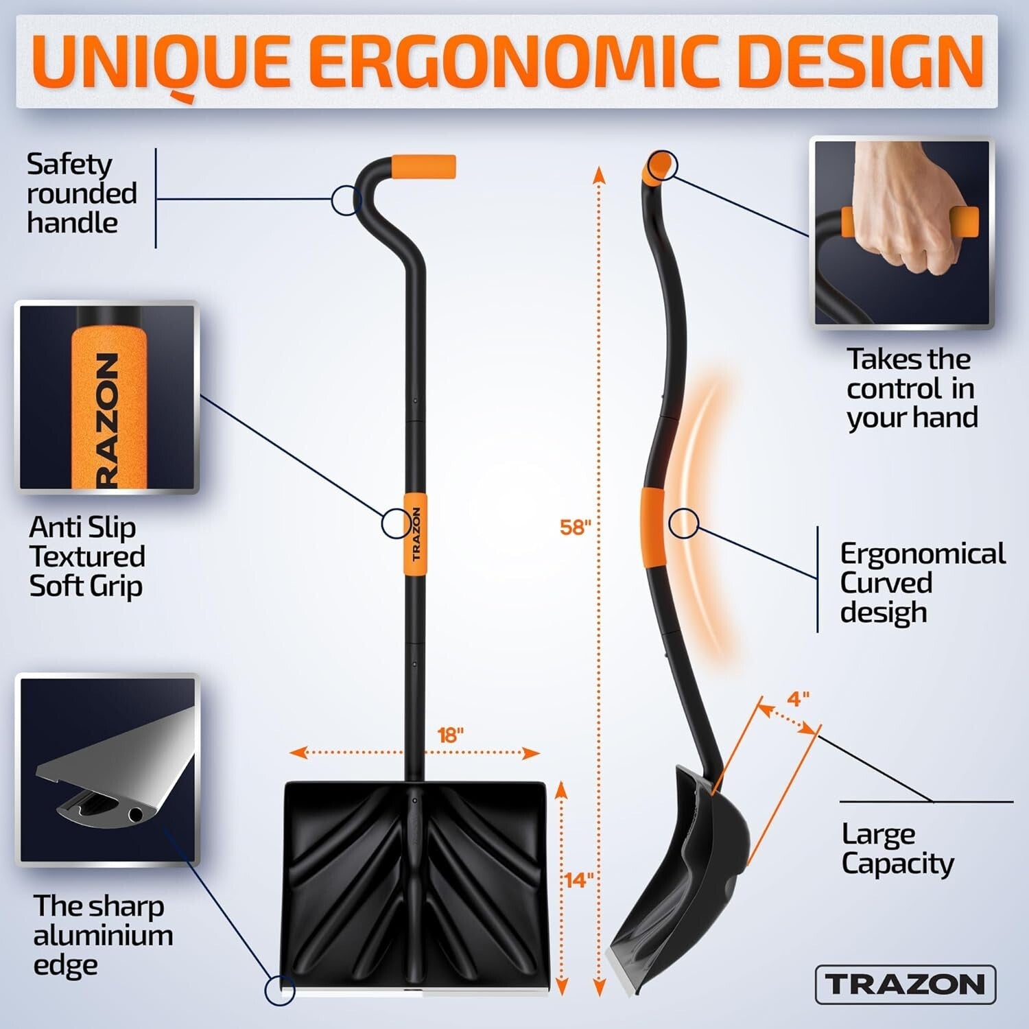 Durable Ergonomic Snow Shovel - 18 Inch Blade, 60 Inch Handle, Foldable Design