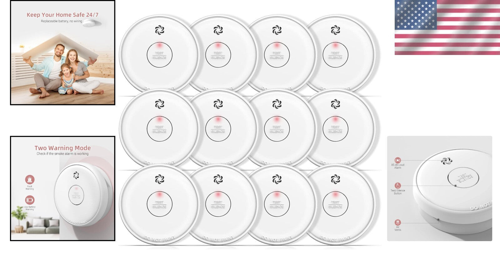 12-Pack Photoelectric Smoke Detectors with Test Button - Battery Operated Safety