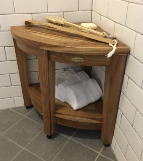 Elegant Teak Corner Shower Seat with Integrated Shelf - Perfect for Bathrooms