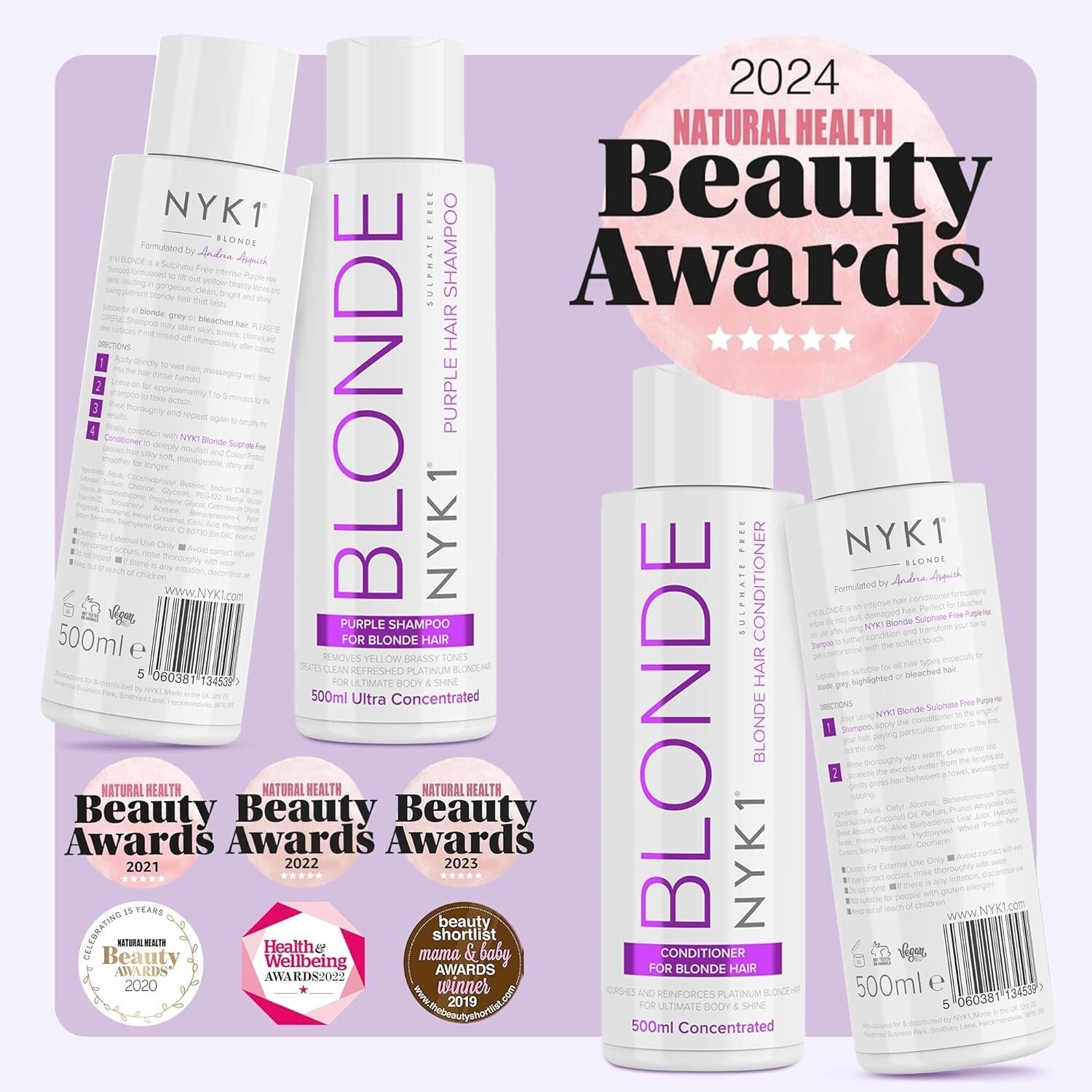 Sulfate Free Purple Shampoo & Conditioner Duo - 2 x 16.9 Fl Oz for Blonde Hair