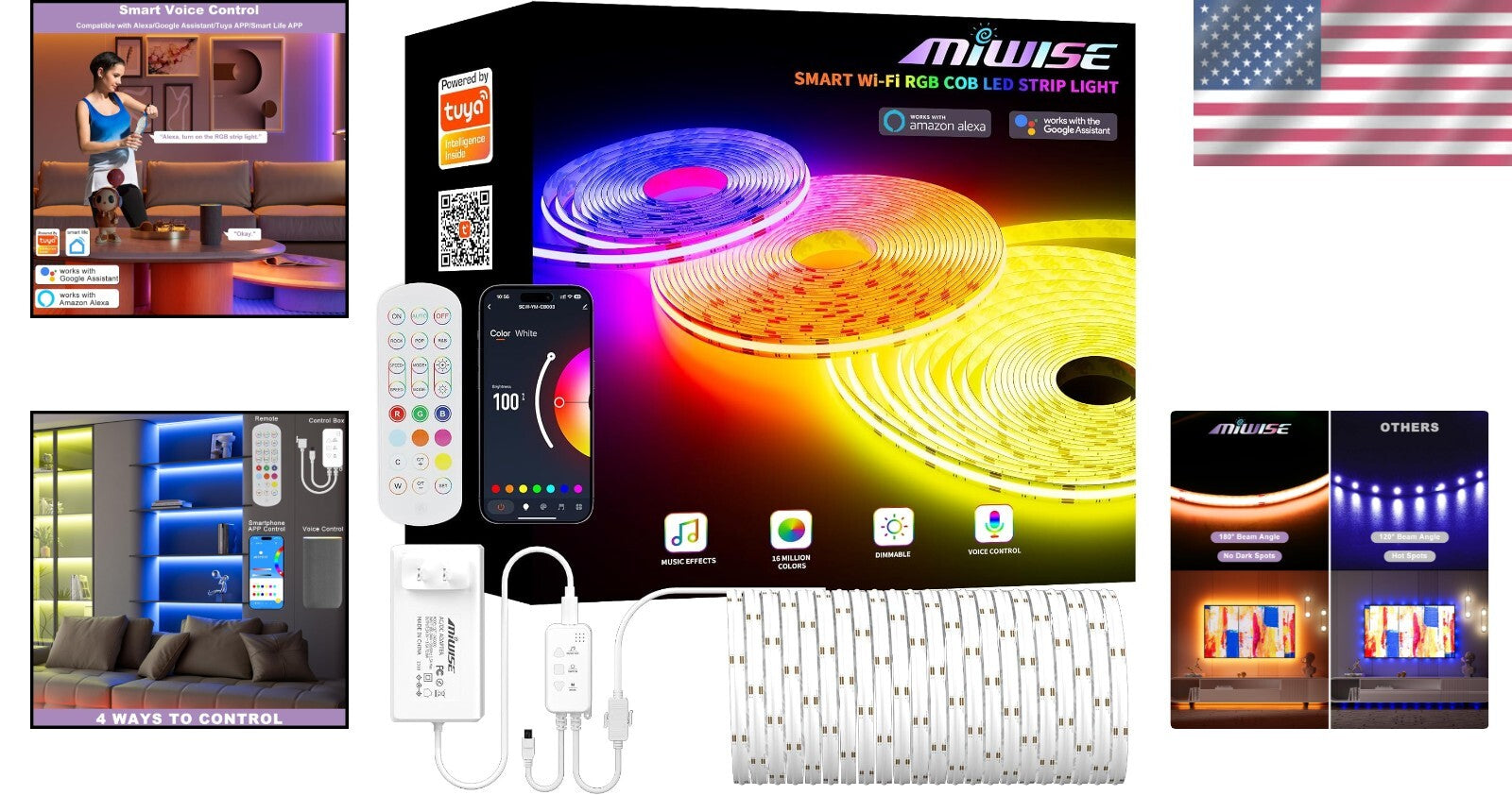 Flexible 20ft RGB COB LED Strip Light with Smart App & Voice Control Features