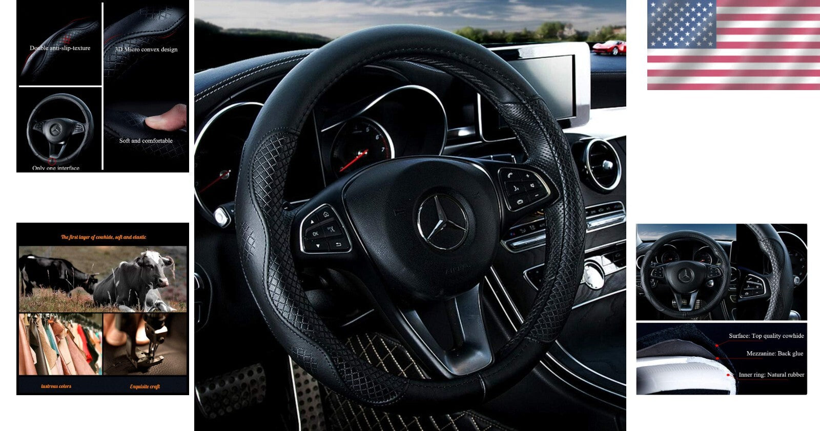 Anti-Slip Black Leather Steering Wheel Cover - Perfect Fit for 15 Inch Wheels