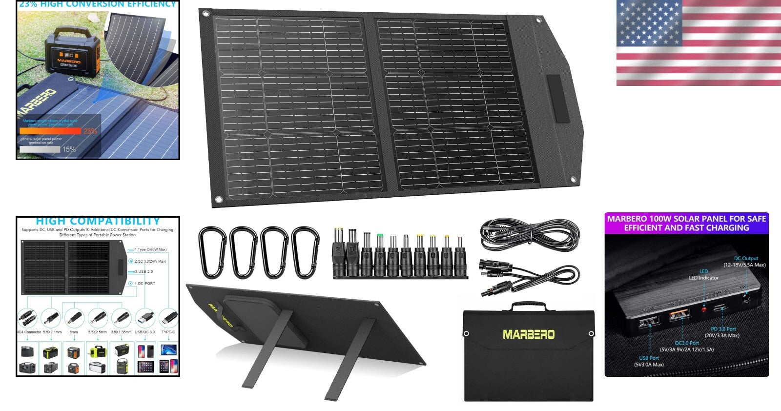 High-Efficiency 100W Portable Solar Panel with 10 Connectors for Outdoor Power