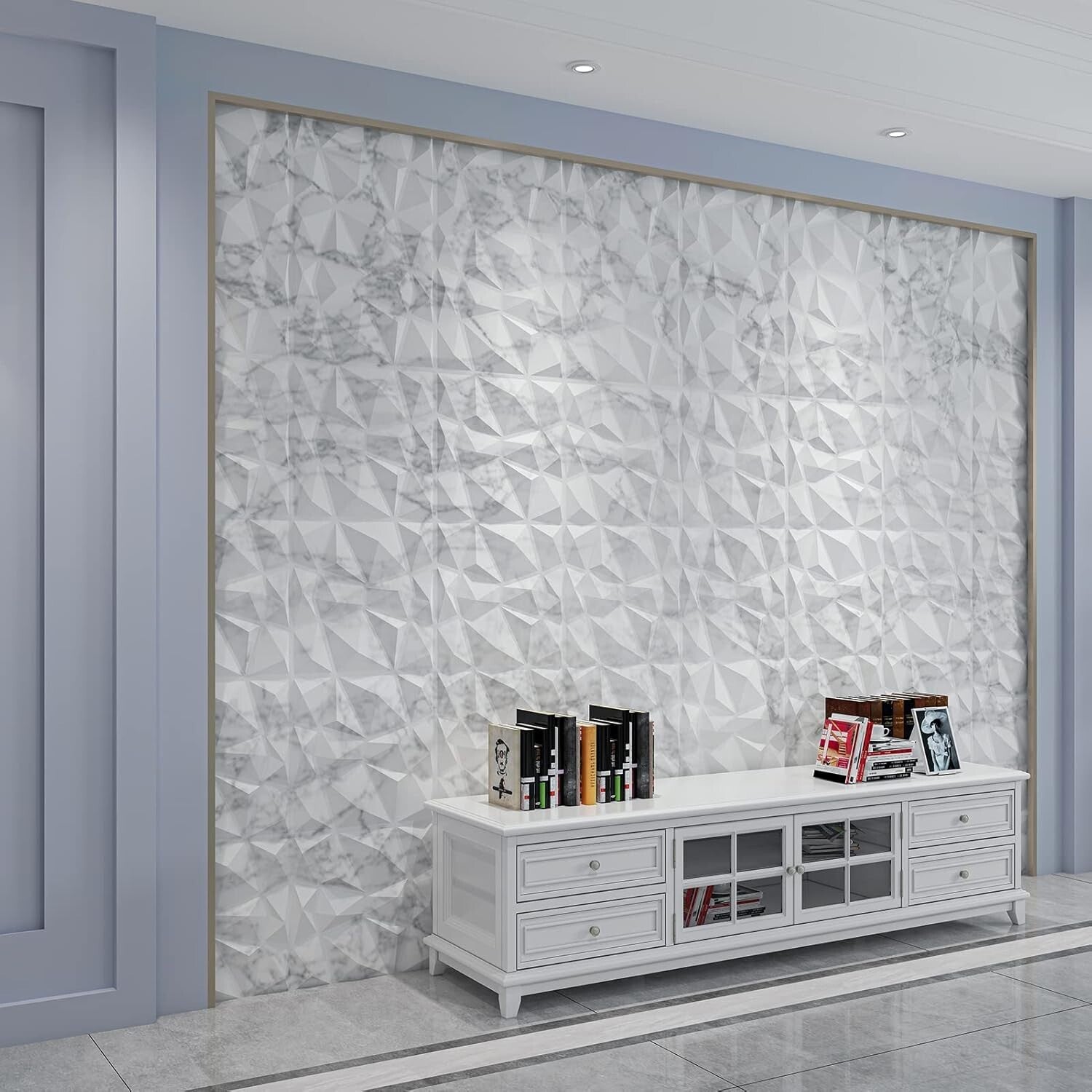 Diamond Design 3D PVC Wall Panels - Glossy White Marble for Elegant Interiors