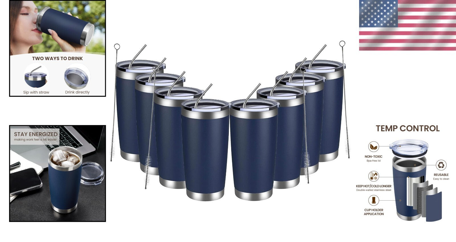 Navy 20oz Stainless Steel Tumblers - 8 Pack Double Wall Insulated Travel Mugs