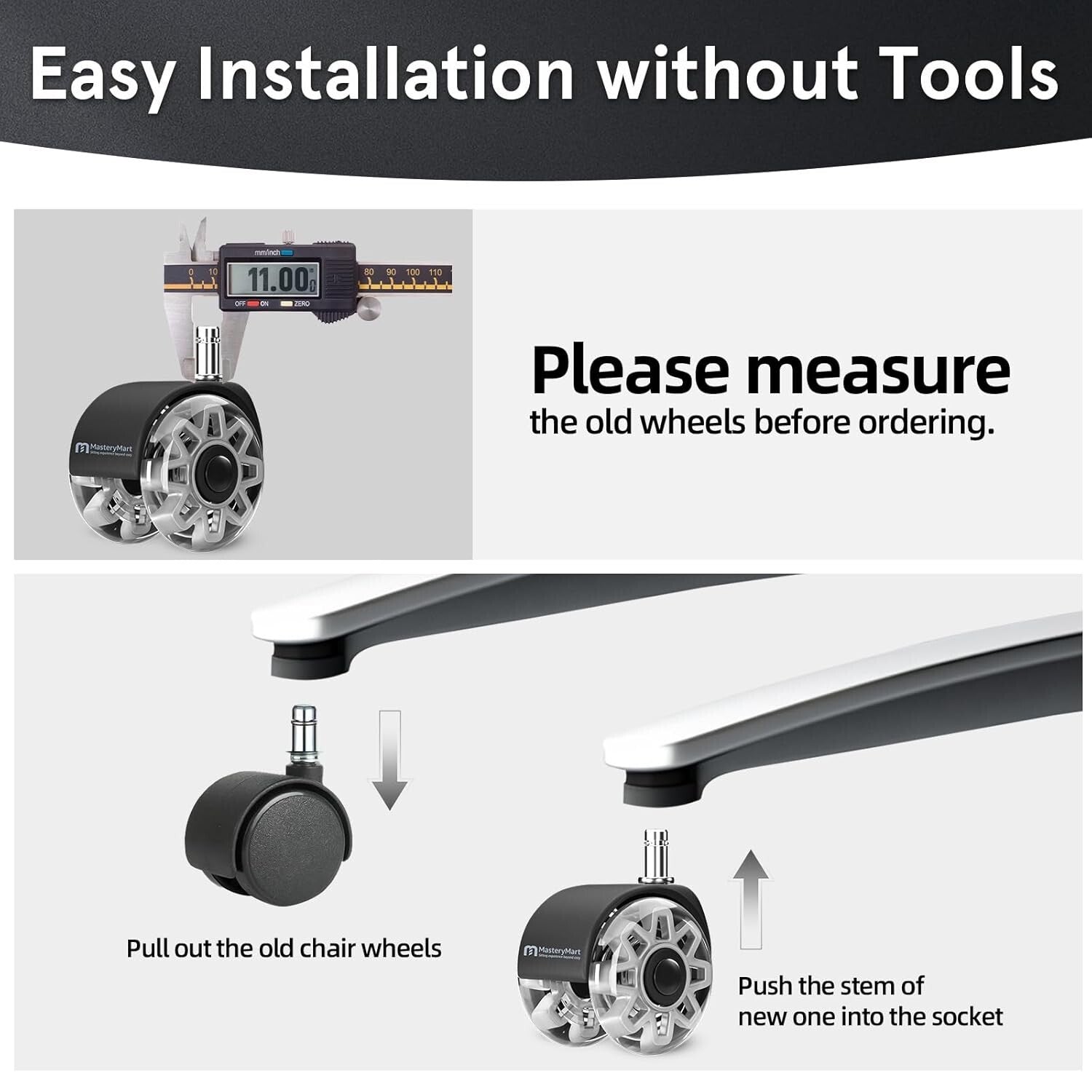 Premium Office Chair Caster Wheels - 5 Pack, 2.5 Inch, Quiet Glide Technology