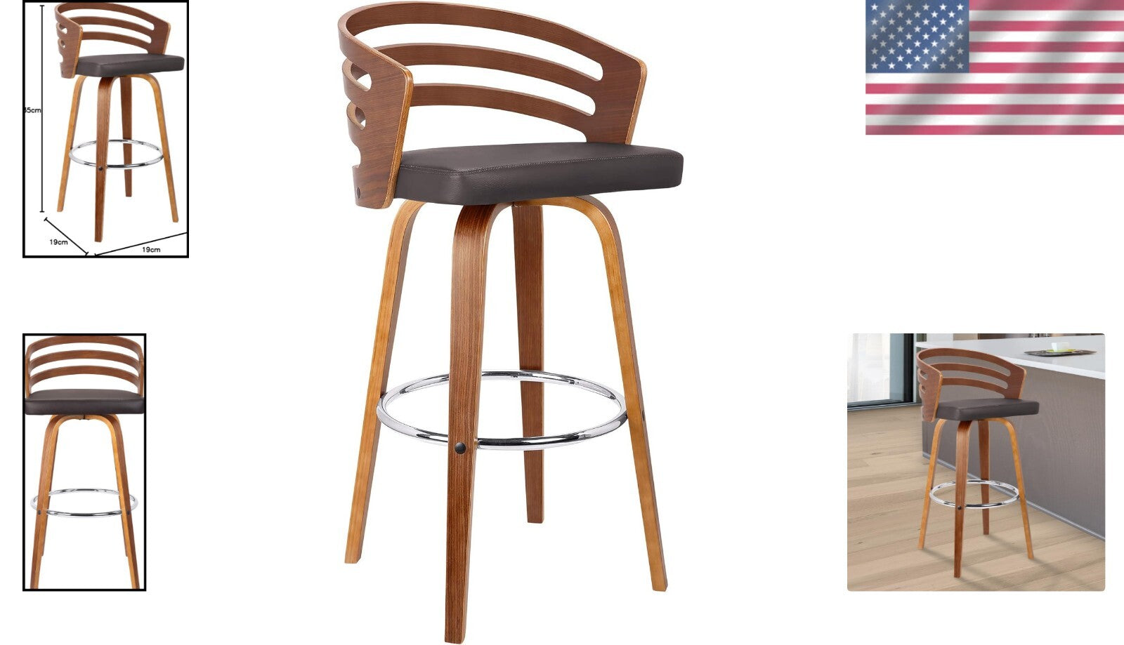 Elegant Jayden Swivel Bar Stool with Brown Faux Leather & Walnut Finish - 26"