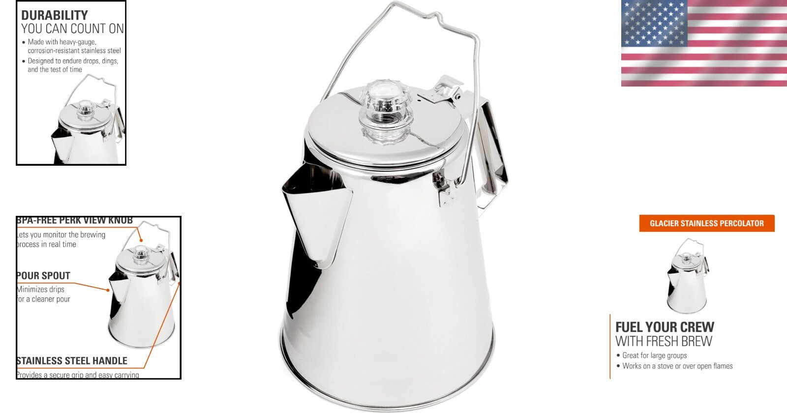 Ergonomic Glacier Stainless Steel Coffee Percolator - 36 Cups for Any Adventure