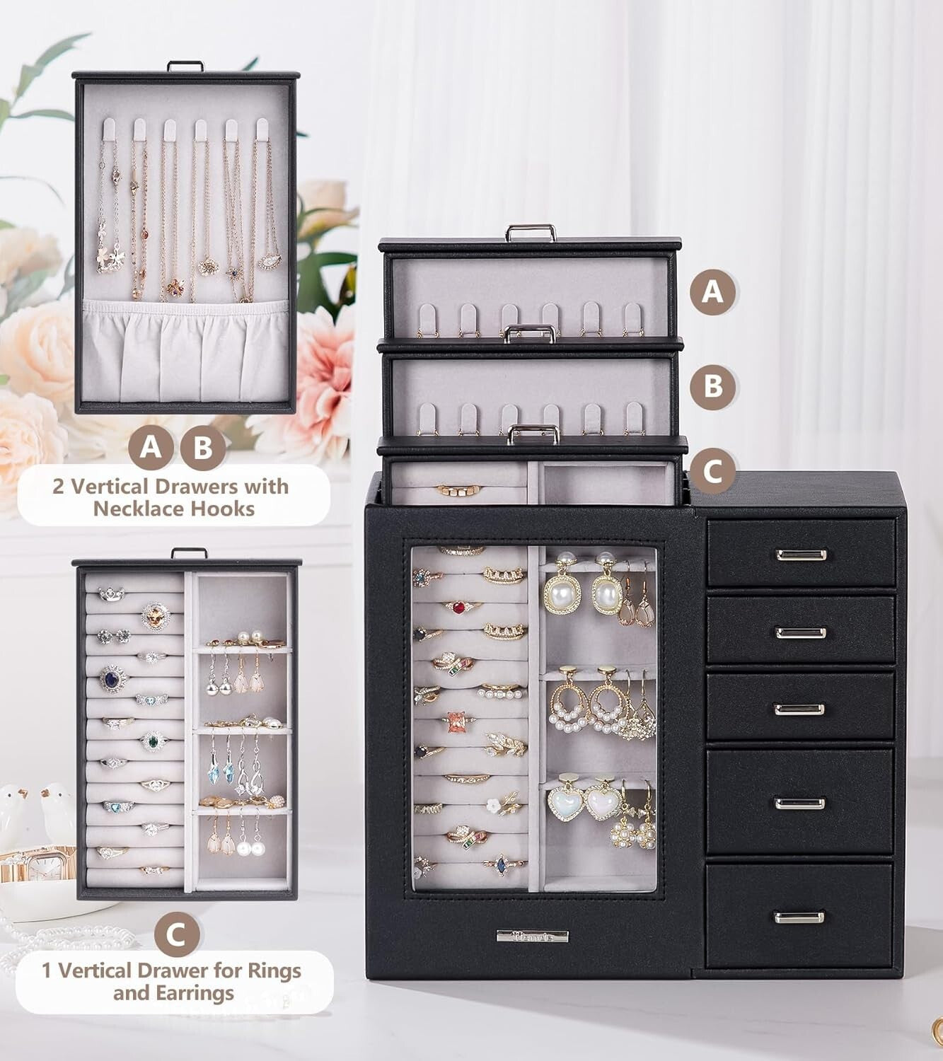 Elegant Large Jewelry Box Organizer with Glass Window & Velvet Lining - 5.4x10.8