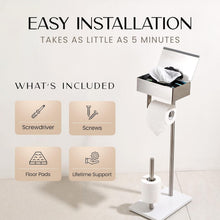 Load image into Gallery viewer, Free-Standing Brushed Nickel Toilet Paper Holder with Shelf - Stylish &amp; Stable