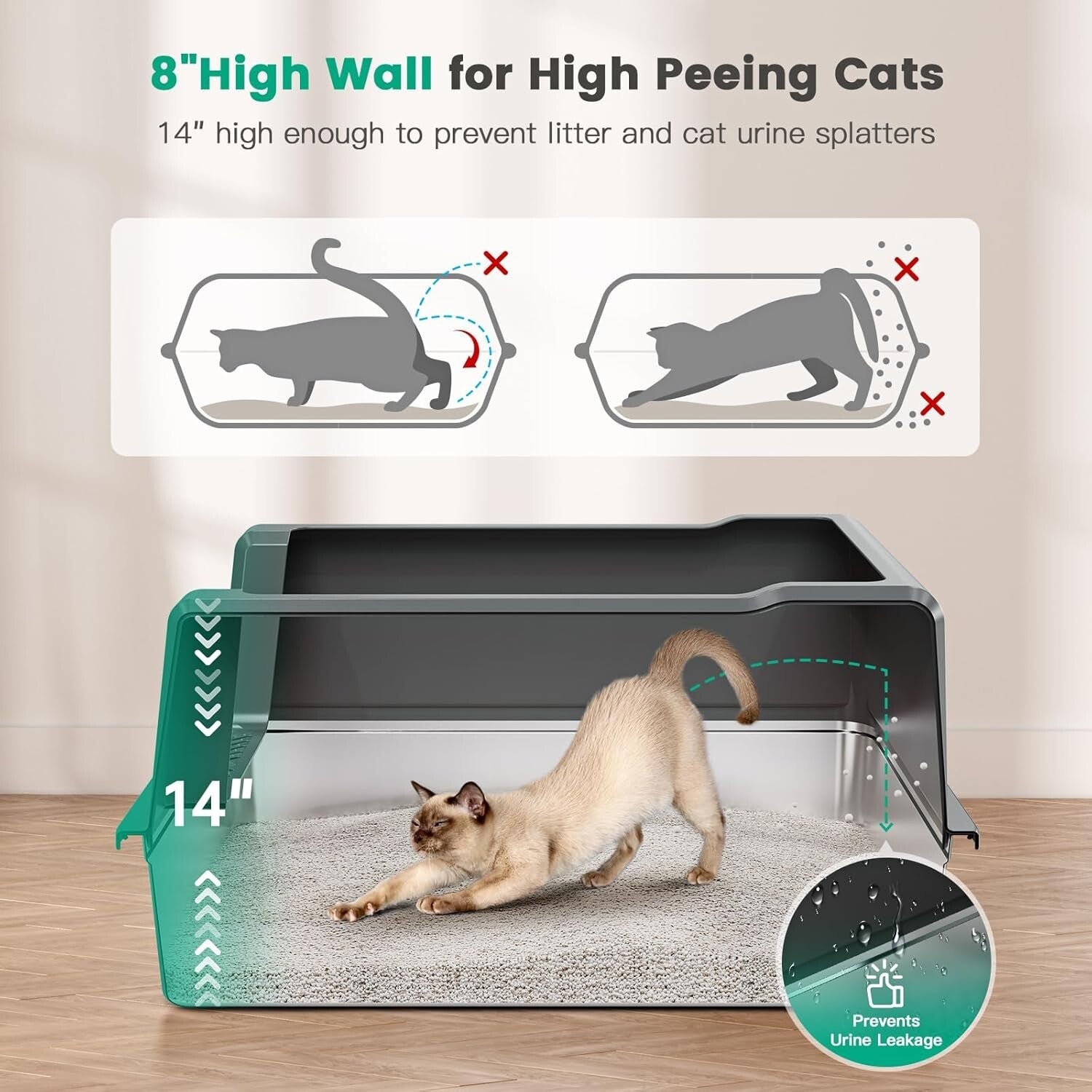 Covered XXL Cat Litter Box - Stainless Steel with High Sides for Leak Protection