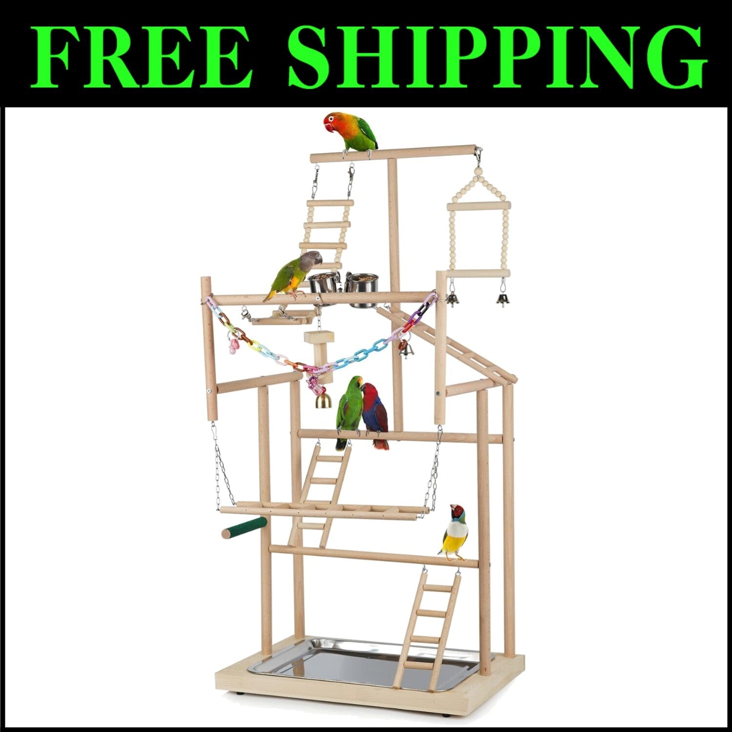Handcrafted Parrot Play Gym with Perches, Toys & Bells—Ideal for Bird Training