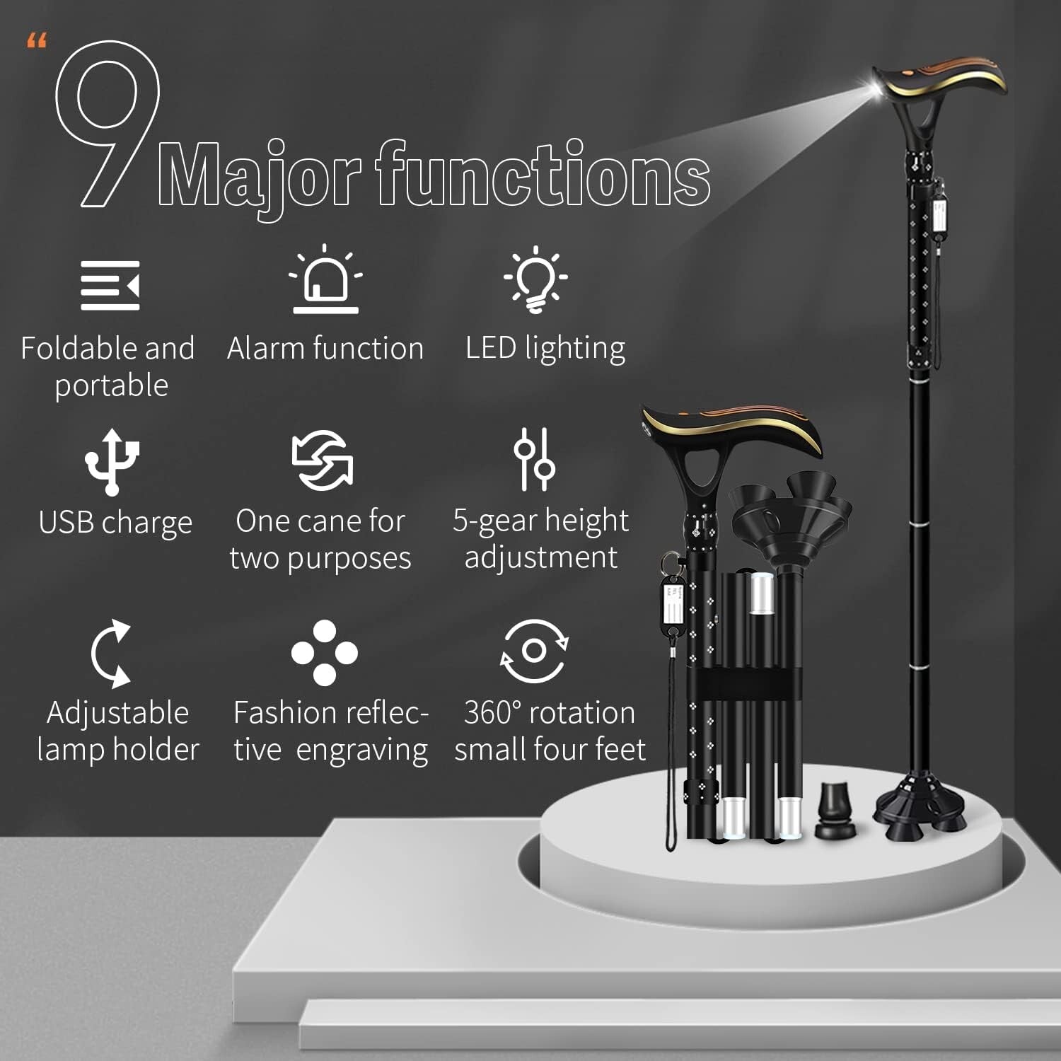 Ergonomic Foldable Cane with Smart Alarm & LED Light for Fashionable Mobility