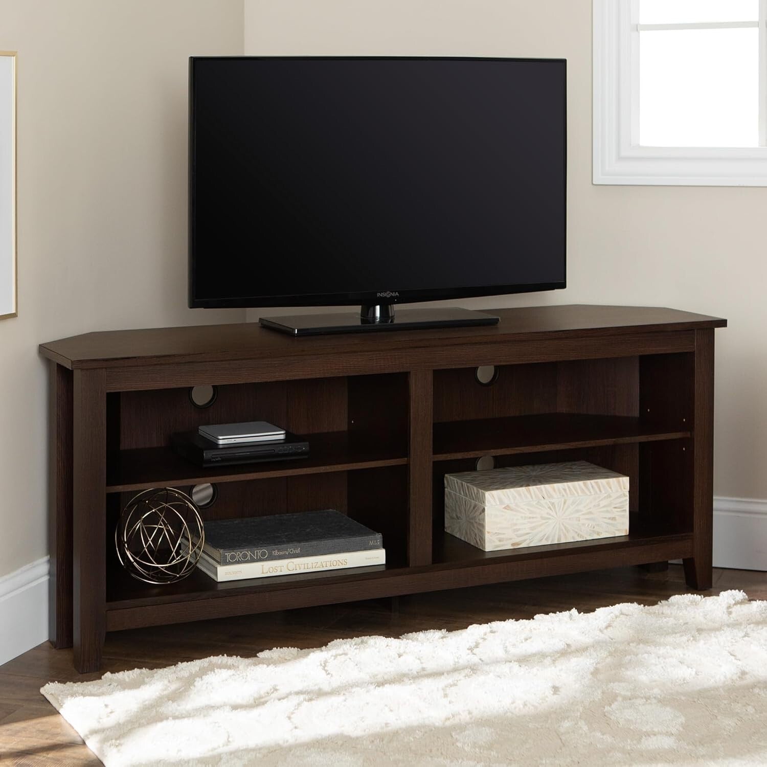Durable Espresso 2-Shelf Corner TV Console for Stylish Living Rooms, 58 Inch