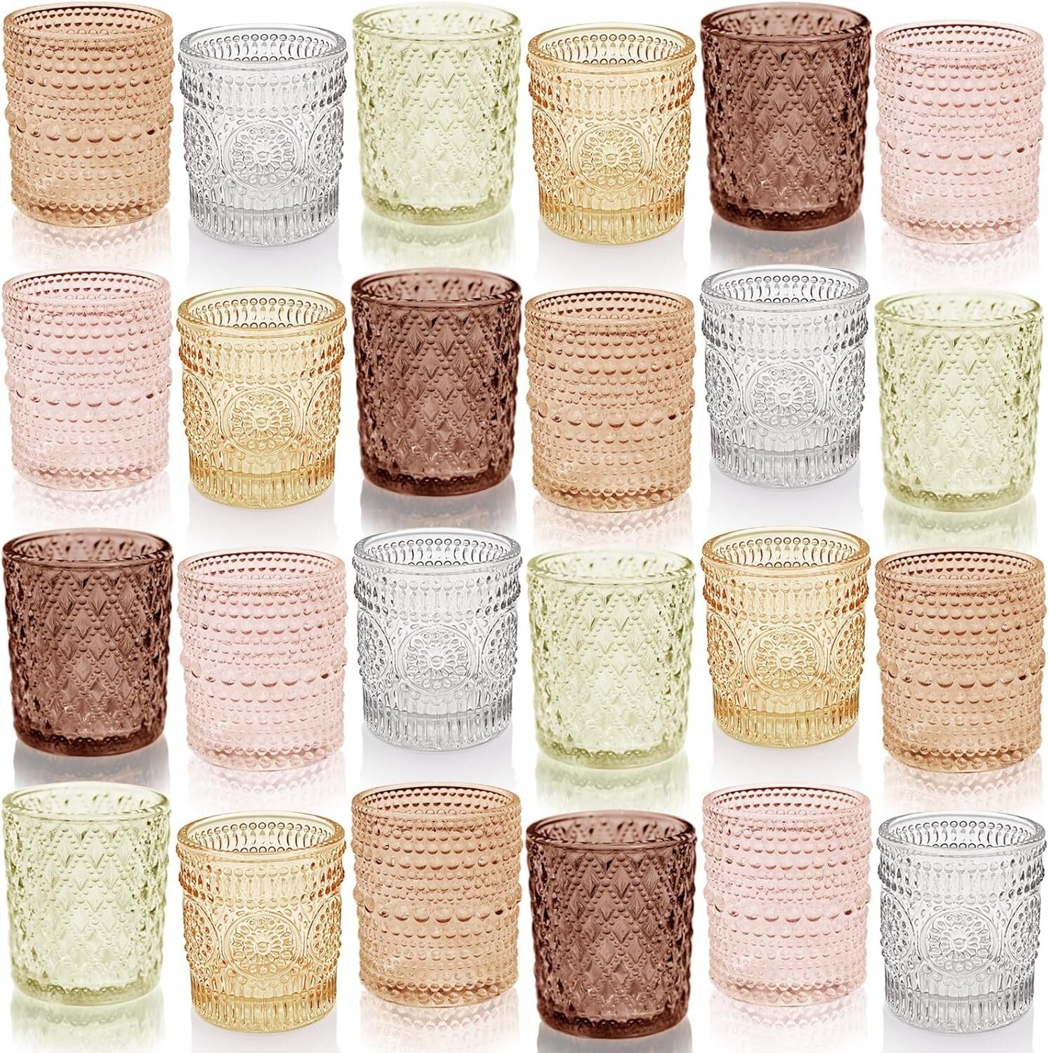 Durable 24-Piece Glass Candle Holders Set - 3 Patterns, Perfect for Centerpieces