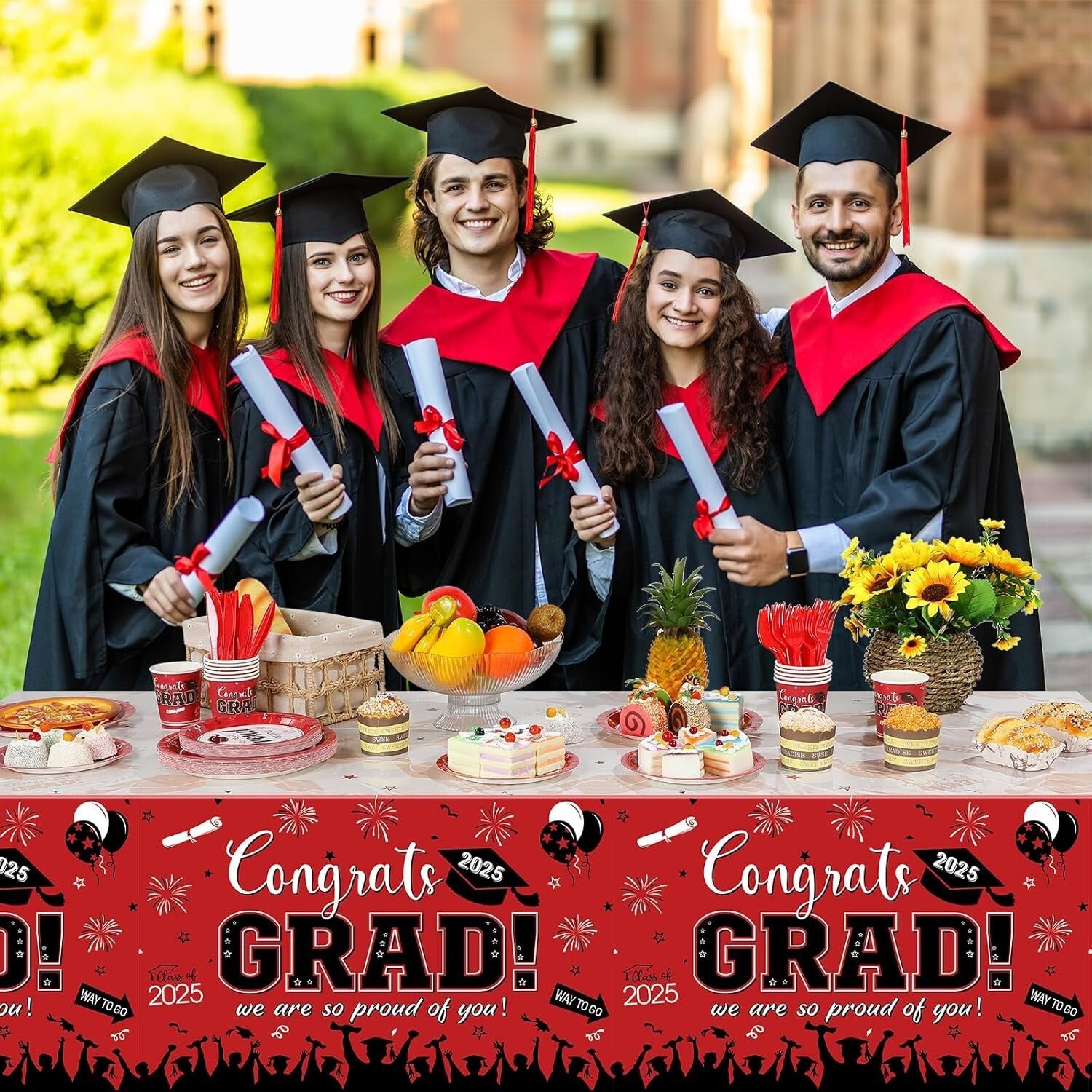 Disposable Graduation Party Supplies Set: 357 Red Plates, Napkins, Banner & More