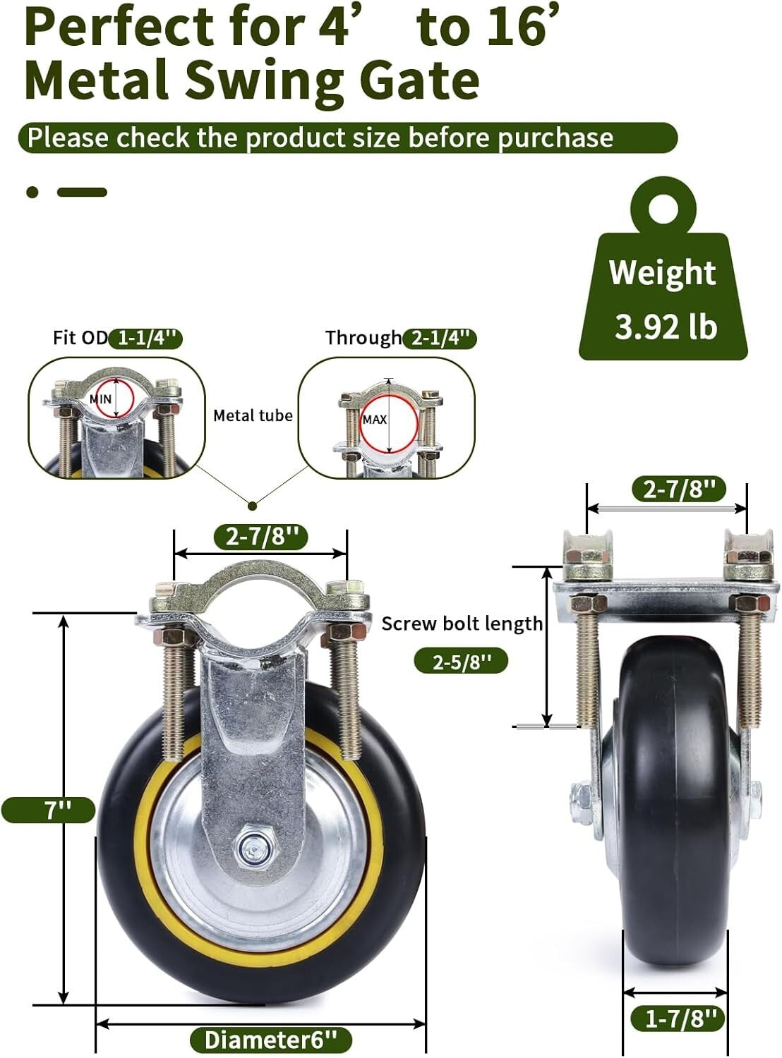 Heavy-Duty 6" Gate Wheels for Metal Tube Gates - 2 Pack Rust-Resistant Solution