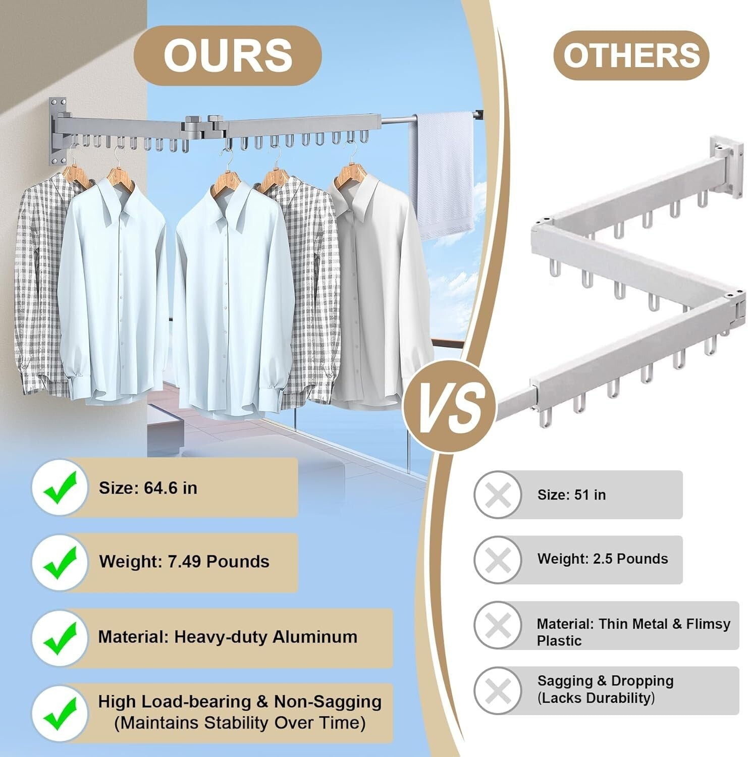 Retractable Laundry Drying Rack - Space-Saving 330 lbs Capacity, Aluminum Frame