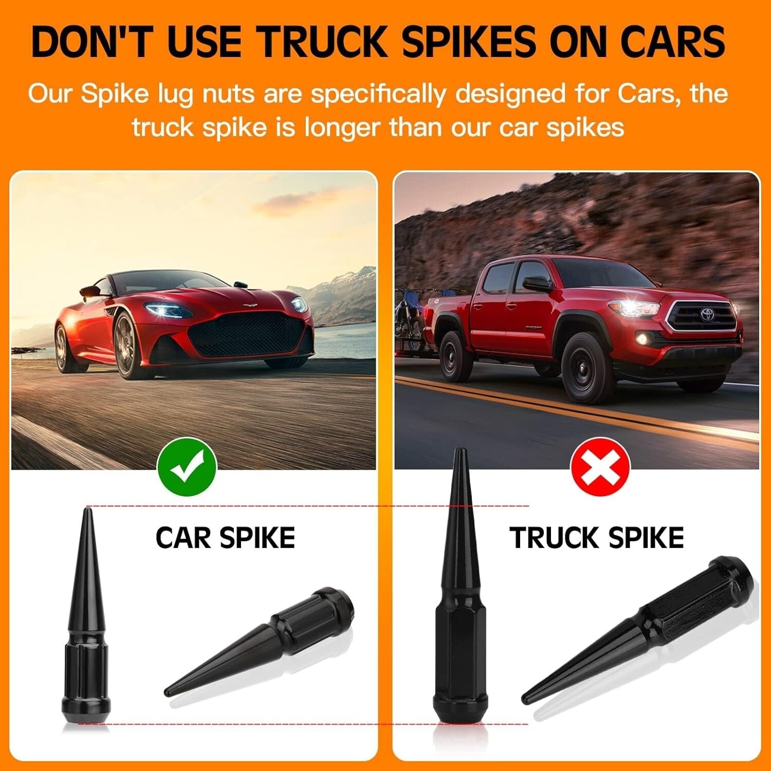 M12x1.5 Stylish Spike Lug Nuts - 20 Closed End 3.35” Set with Socket Key